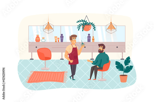 Man visits Barbershop scene. Hairstylist doing haircut or hairstyle for male client. Cosmetology, beauty salon, shaves and cuts service concept. Vector illustration of people characters in flat design