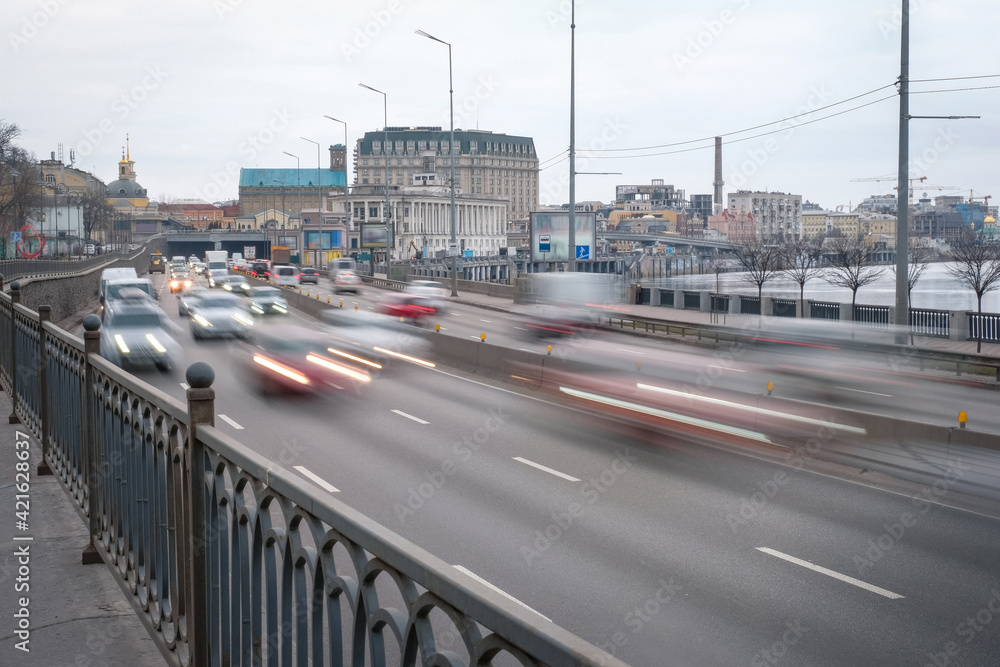 Cars blurred at speeds in motion at rush hour. Car movement