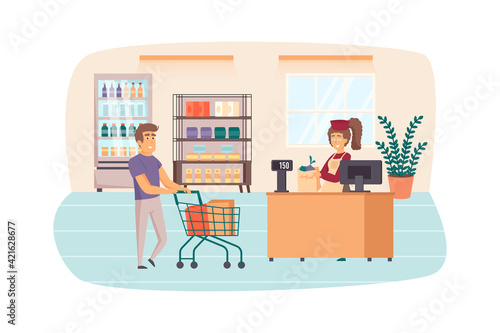 Man shopping at supermarket scene. Customer with cart waits to pay for groceries at cashier. Retail sales, buying food in grocery store concept. Vector illustration of people characters in flat design