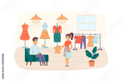 Couple shopping in clothing store scene. Man and woman in fitting room choosing stylish clothes. Buyers at boutique, retail and sales concept. Vector illustration of people characters in flat design