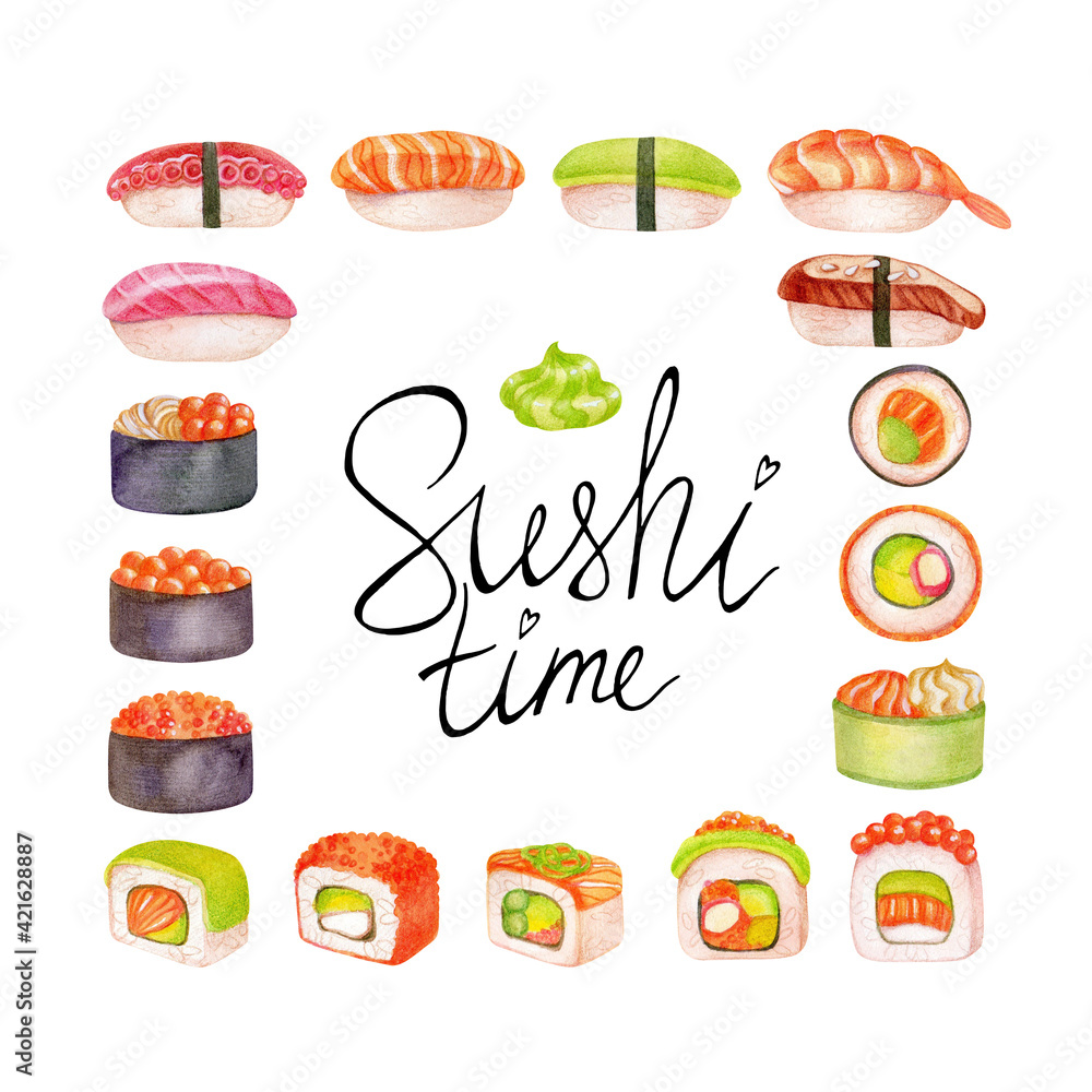 Set of sushi drawn with watercolors and pencils. Set of illlustrated Japanese food. Different kinds of sushi as rolls, maki, nigiri. Rice and fish. Closeup isolated on white background set. Set of sushi drawn with watercolors and pencils. Set of illlustrated Japanese food. Different kinds of sushi as rolls, maki, nigiri. Rice and fish. Closeup isolated on white background set.