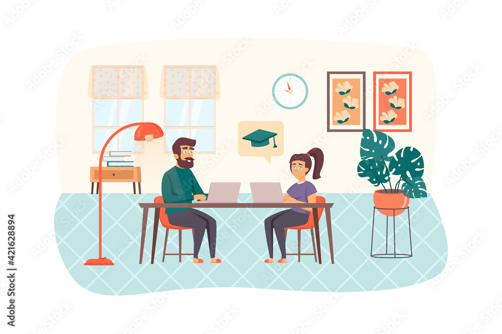 Couple studying using laptop sitting at table in room scene. Man and woman engaged online education. E-learning, distance homeschooling concept. Vector illustration of people characters in flat design