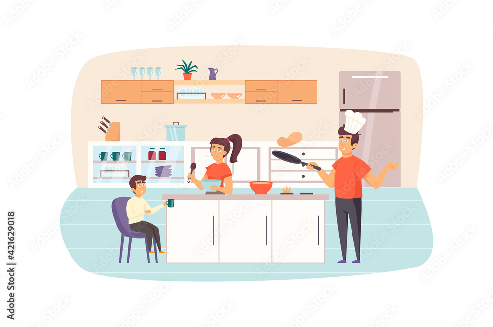 Family cooking breakfast in kitchen together scene. Mother prepares dough, father bakes pancakes, son drinks tea. Parents and children concept. Vector illustration of people characters in flat design