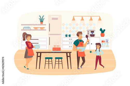 Family cooking breakfast or holiday dinner in kitchen scene. Dad holds bowl, mom holds dishes, daughter drink tea. Parents and children concept. Vector illustration of people characters in flat design