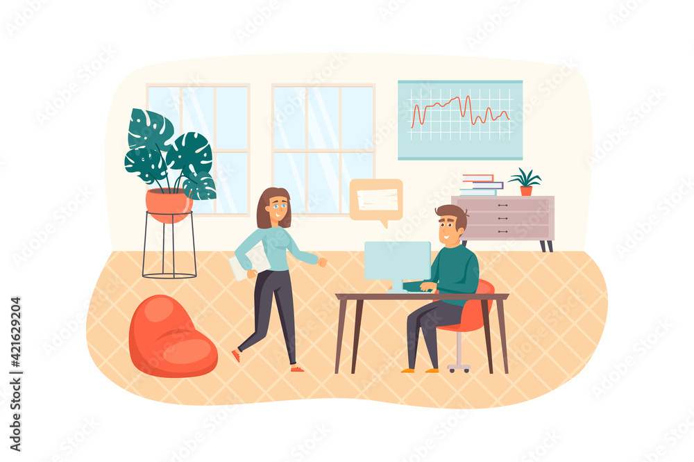 Journalist writes an article and works on laptop scene. Editorial office of newspaper or magazine. Journalism, mass media and press concept. Vector illustration of people characters in flat design