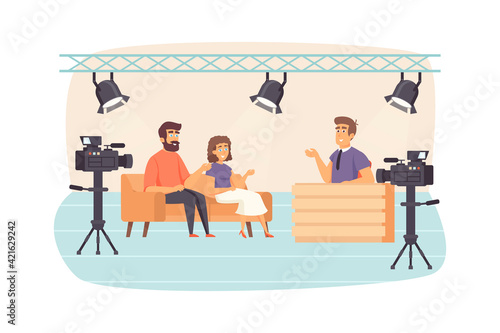 Filming television talk show scene. Presenter interviewing guests at studio, cameras recording video. Journalism, mass media and press concept. Vector illustration of people characters in flat design