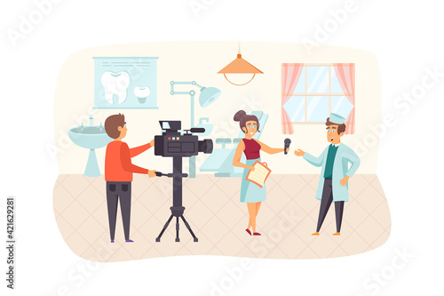 Journalist interviewing doctor scene. Operator filming report, female reporter talking with physician. Journalism, mass media and press concept. Vector illustration of people characters in flat design