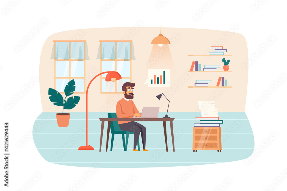 Content manager working on laptop at office scene. Man analyzes site statistics, creates content plan. SEO optimization, promotion concept. Vector illustration of people characters in flat design Content manager working on laptop at office scene. Man analyzes site statistics, creates content plan. SEO optimization, promotion concept. Vector illustration of people characters in flat design