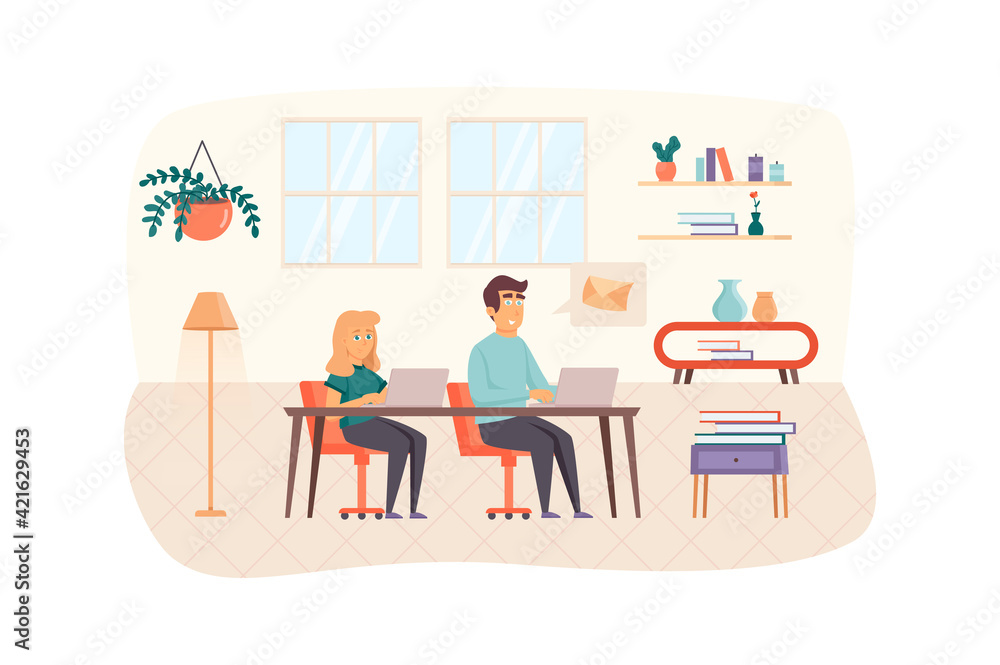 Content managers working on laptops scene. Man mailing in social networks. Woman creates content plan. SEO optimization, promotion concept. Vector illustration of people characters in flat design