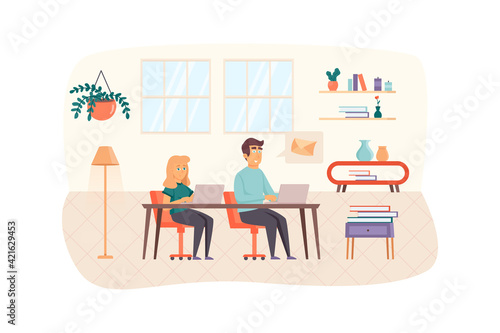 Content managers working on laptops scene. Man mailing in social networks. Woman creates content plan. SEO optimization  promotion concept. Vector illustration of people characters in flat design