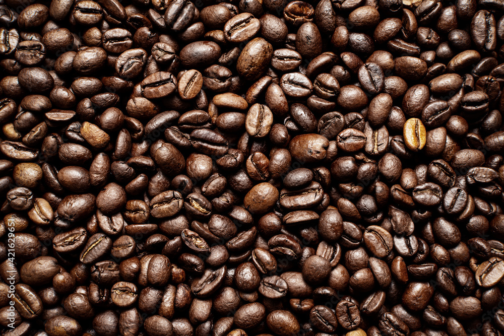 Fototapeta premium Coffee beans. Coffee beans are spread out on the surface.