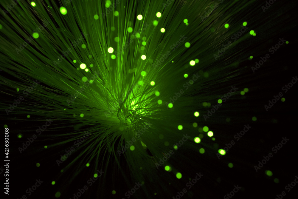 Green light from fiber optic,fiber optic showing data or internet communication concept