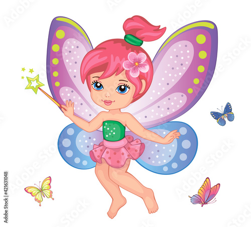 A little girl. Cute small fairy. Beautiful Elf princess. Set butterflies with...