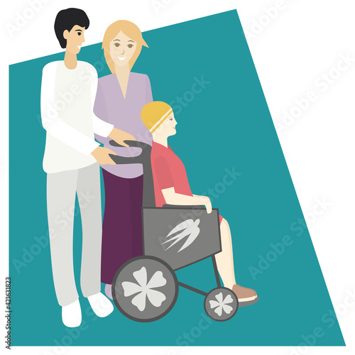 Parents and daughter portrait. limited abilities teenager girl. Diverse families concept. Isolated vector illustration on a white background