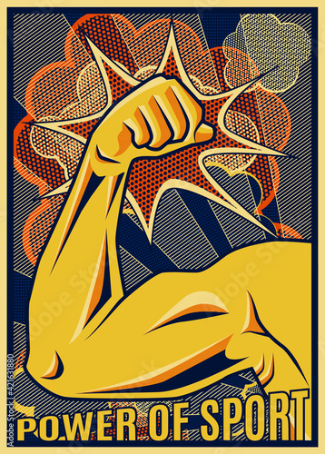 Arm Bent Energy Symbol Muscular Arm. Energy of Sports and Fitness. Image For Gym Or Sports Poster Or Tshirt Print. Sports nutrition. Pop Art Style.