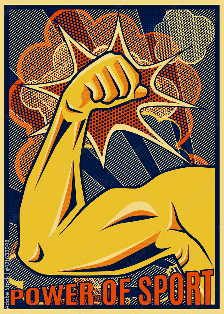 Plakat Arm Bent Energy Symbol Muscular Arm. Energy of Sports and Fitness. Image For Gym Or Sports Poster Or Tshirt Print. Sports nutrition. Pop Art Style.