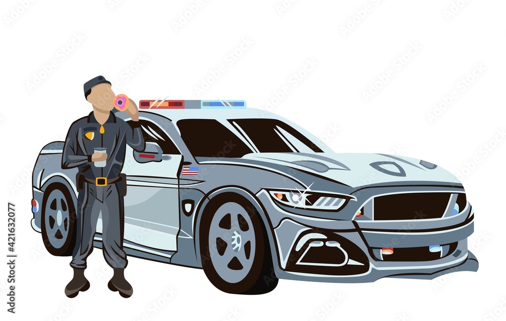Police officer standing next to a police car. Vector illustration 911 ...