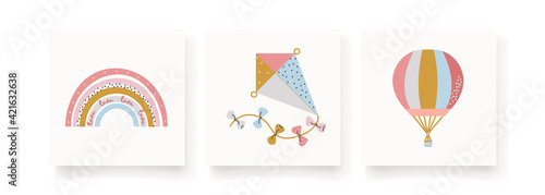 Baby cute illustrations with rainbow, kite, hot air balloon. Art rainbow color brush stroke with love. Design for birthday invitation or baby shower, poster, clothing, nursery wall art and postcard