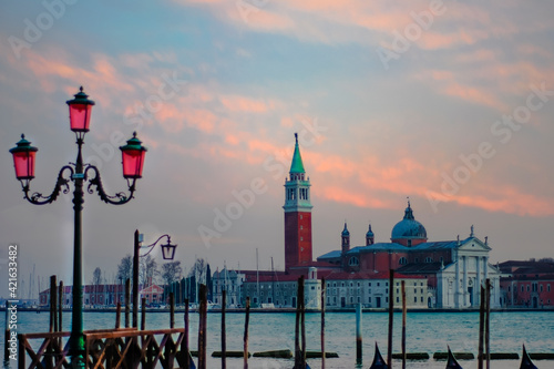Church of San Giorgio Maggiore at sunset with the canal Grande and the Giudecca canal empty due to the coivid-19