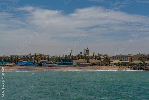View from the jetty to Swakopmund city over the Atlantic Ocean, Namibia, Africa