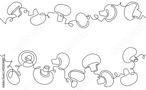 Two top and bottom Seamless Patterns with Mushrooms Champignons and empty space for text between them. Can be yused for magazine, book, poster, card, menu cover, web pages. Vector illustration.