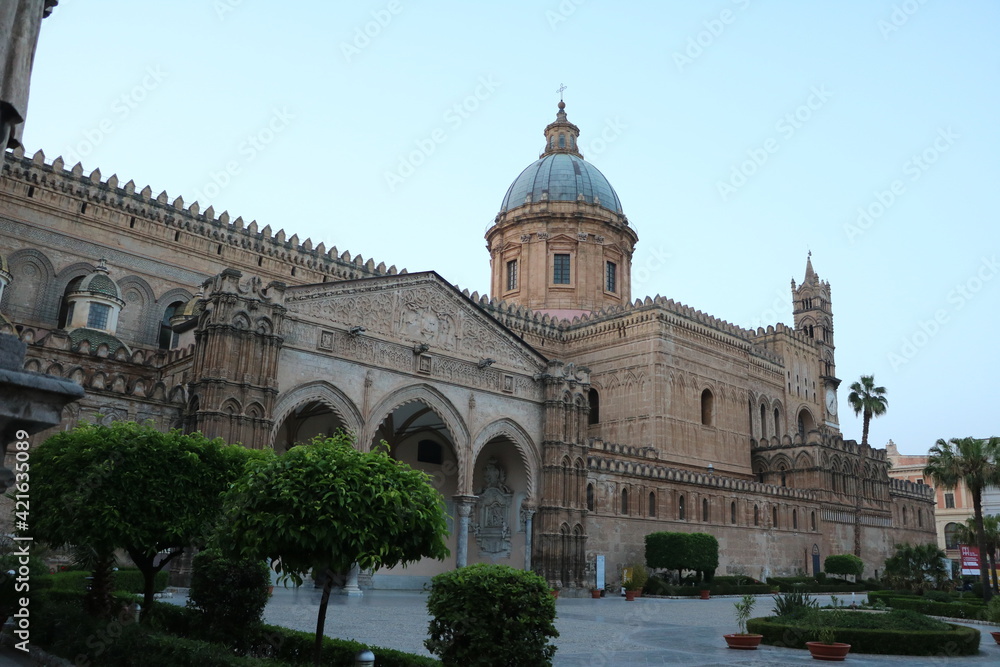 Sun is going down at Cathedral in Palermo, Sicily Italy