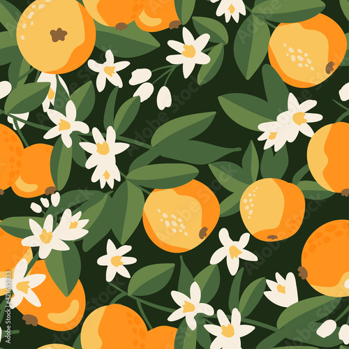 Summer tropical seamless pattern with colorful oranges and flowers.Vector citrus fruits background. Modern exotic floral design for paper, cover, fabric, interior decor and other users.