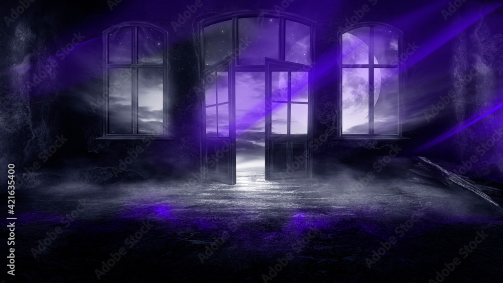 Dark scary fantasy room with windows and doors. Big moon, night sky view, rays of moonlight. Old concrete walls and old windows. reflection of light on the floor, neon light. 3D illustration. 