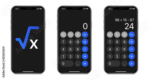 Calculator app template on smartphone device. Isolated screen calculator template set on white background. Editable number, calculer, result. Realistic phone application. Vcetor design illustration.