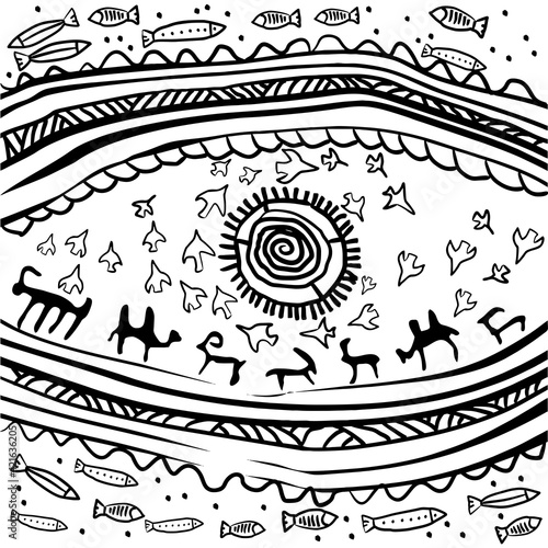 Drawings of primitive people. Archeology. Rock painting.