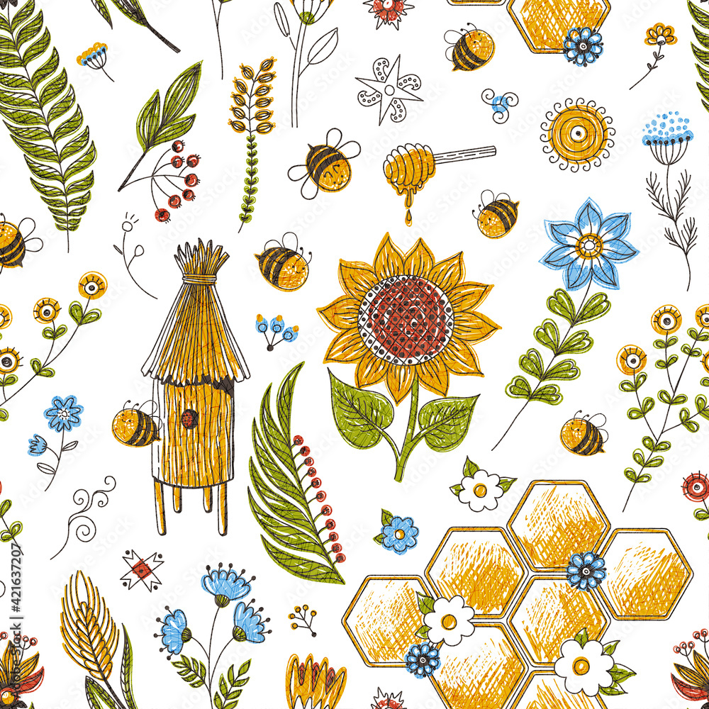 Bee pattern on a rustic background