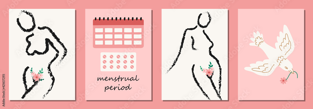 Set of hand drawn elements of women menstruation period theme, feminine hygiene products as pads, menstrual cups, etc. Set of hand drawn elements of women menstruation period theme, feminine hygiene products as pads, menstrual cups, etc.