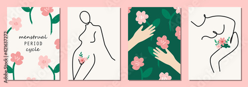 Set of hand drawn elements of women menstruation period theme, feminine hygiene products as pads, menstrual cups, etc.