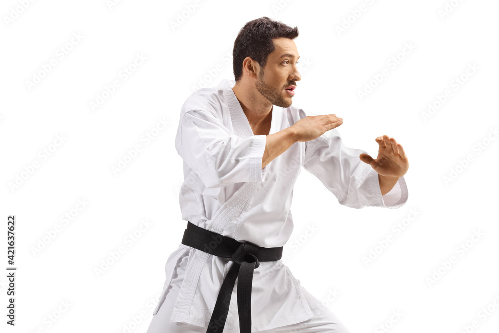 Man in kimono with black belt practicing karate Man in kimono with black belt practicing karate