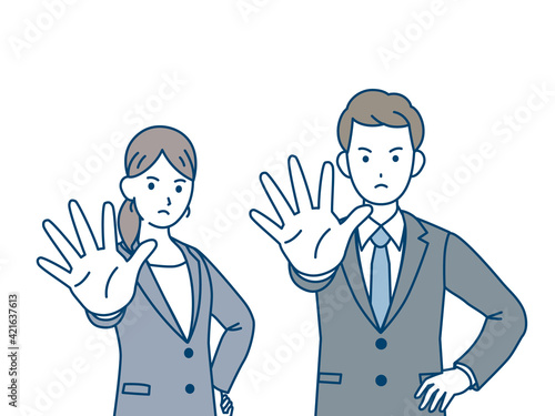 会社員　スーツ姿　男女　NO　断る　拒否するポーズ　上半身　イラスト素材