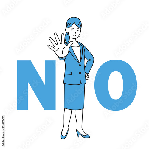 会社員　スーツ姿　女性　NO　断る　拒否するポーズ　全身　イラスト素材