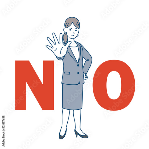 会社員　スーツ姿　女性　NO　断る　拒否するポーズ　全身　イラスト素材