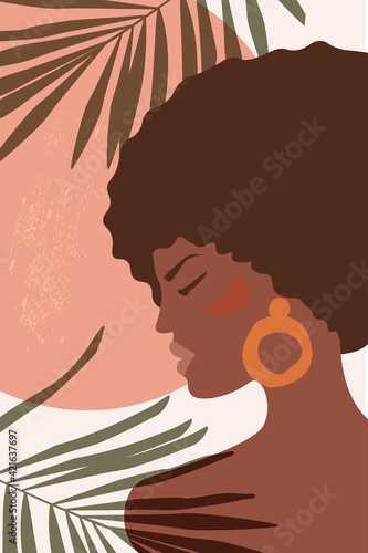 Modern abstract art is a minimalistic portrait of a young beautiful African woman. Female in profile against the background of the sun and palm leaves. Vector graphics.