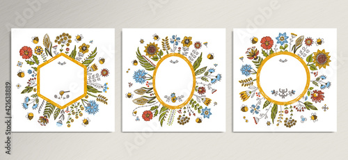 Floral cards set for your text design. Honey bee backgrounds, cute greeteng invitations template. Vector illustration