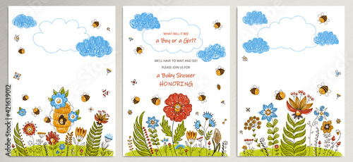 Bee Baby Shower invitation templates set. Flower backgrounds collection with space for your text. Vector cute illustration
