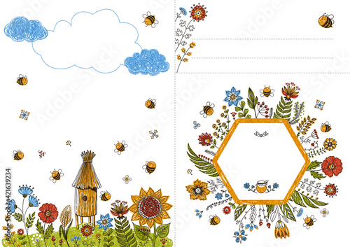 Bee Baby Shower invitation templates set. Flower backgrounds collection with space for your text. Cute illustration