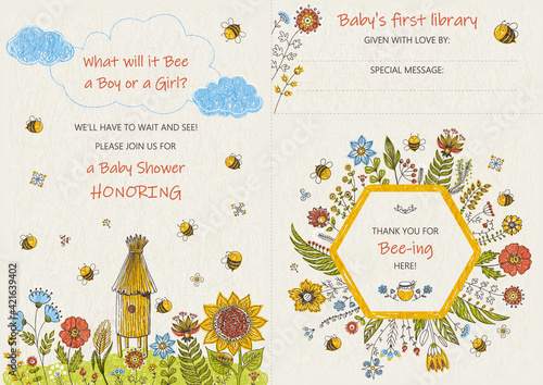 Bee Baby Shower invitation templates set. Flower backgrounds collection with space for your text. Vector cute illustration