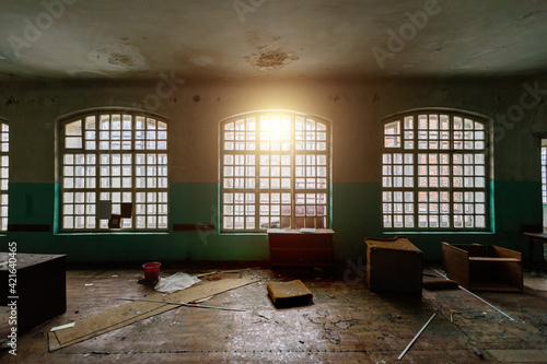 Inside old Orlovka Asylum for the insane in Voronezh Region. Dark creepy abandoned mental hospital photo