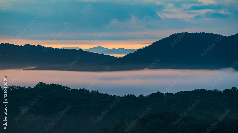 USA, Georgia, Blue Ridge Mountains, Fog at sunrise in Blue Ridge Mountains USA, Georgia, Blue Ridge Mountains, Fog at sunrise in Blue Ridge Mountains