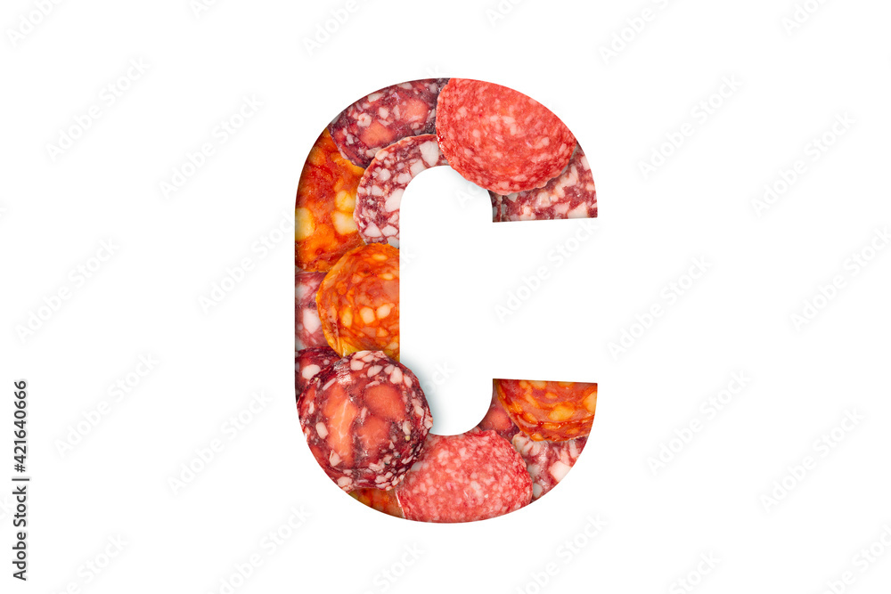 Sausage alphabet isolated on white background. Latin Food alphabet