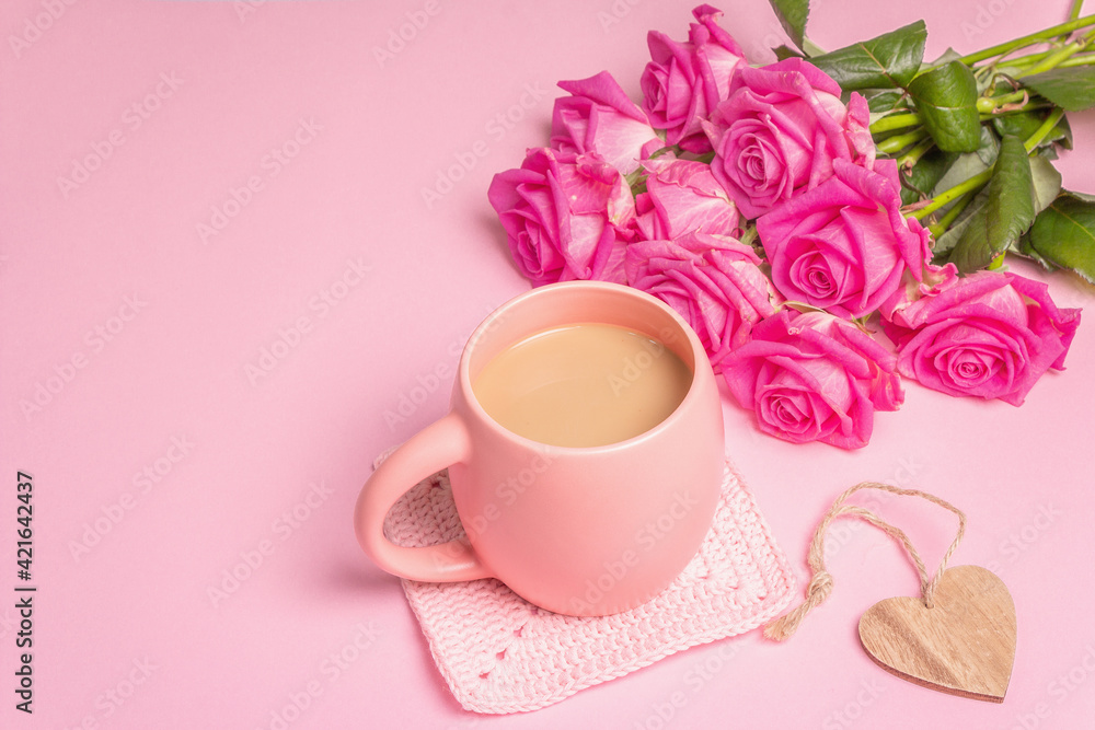Morning coffee with a beautiful bouquet of roses Morning coffee with a beautiful bouquet of roses