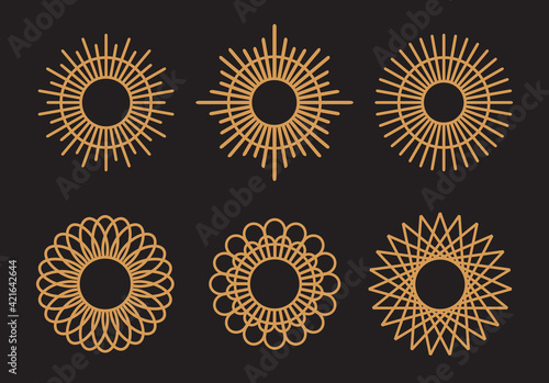Abstract circle ornament set, sun and star shape, line art style illustration, bohemian house wall decoration - Vector