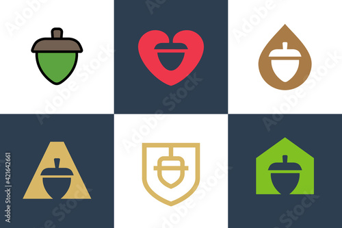 Oak tree acorn logo set, oak nut icon design, oak seed symbol - Vector