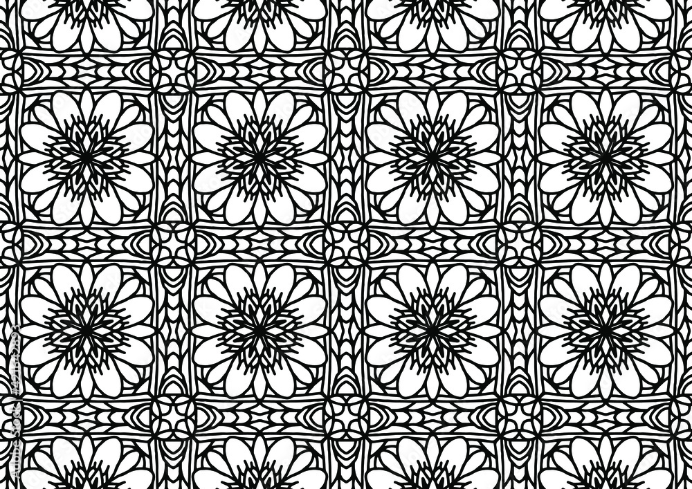 abstract tile with drawn folk style floral ornaments on a white background for coloring, vector abstract tile with drawn folk style floral ornaments on a white background for coloring, vector