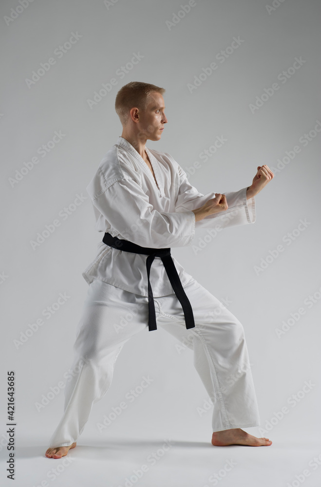 Young man performing karate stance on white background Young man performing karate stance on white background